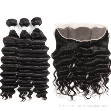 Brazilian Malaysian Peruvian Virgin Hair Weaves 3 Bundles with Lace Frontal Loose Deep Wave 8A Indian Cambodian Remy Human Hair